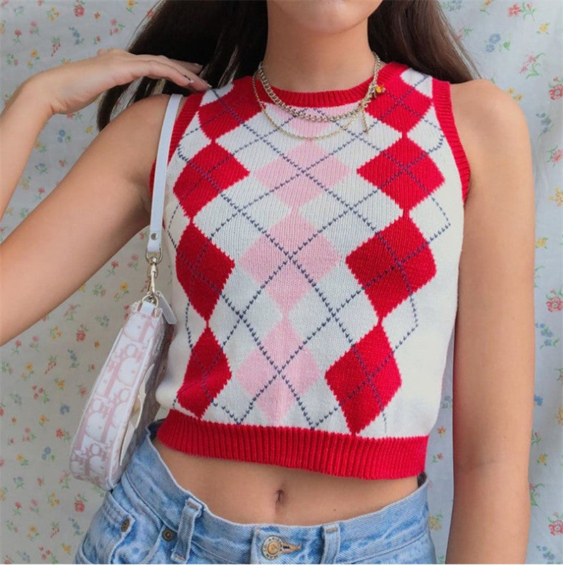 Rhombus Check Outer Sleeveless V-neck Sweater