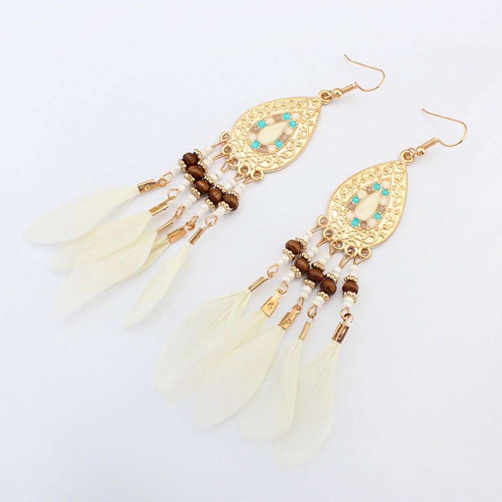 European and American feather tassel earrings female Bohemian long earrings national wind Ruili earrings