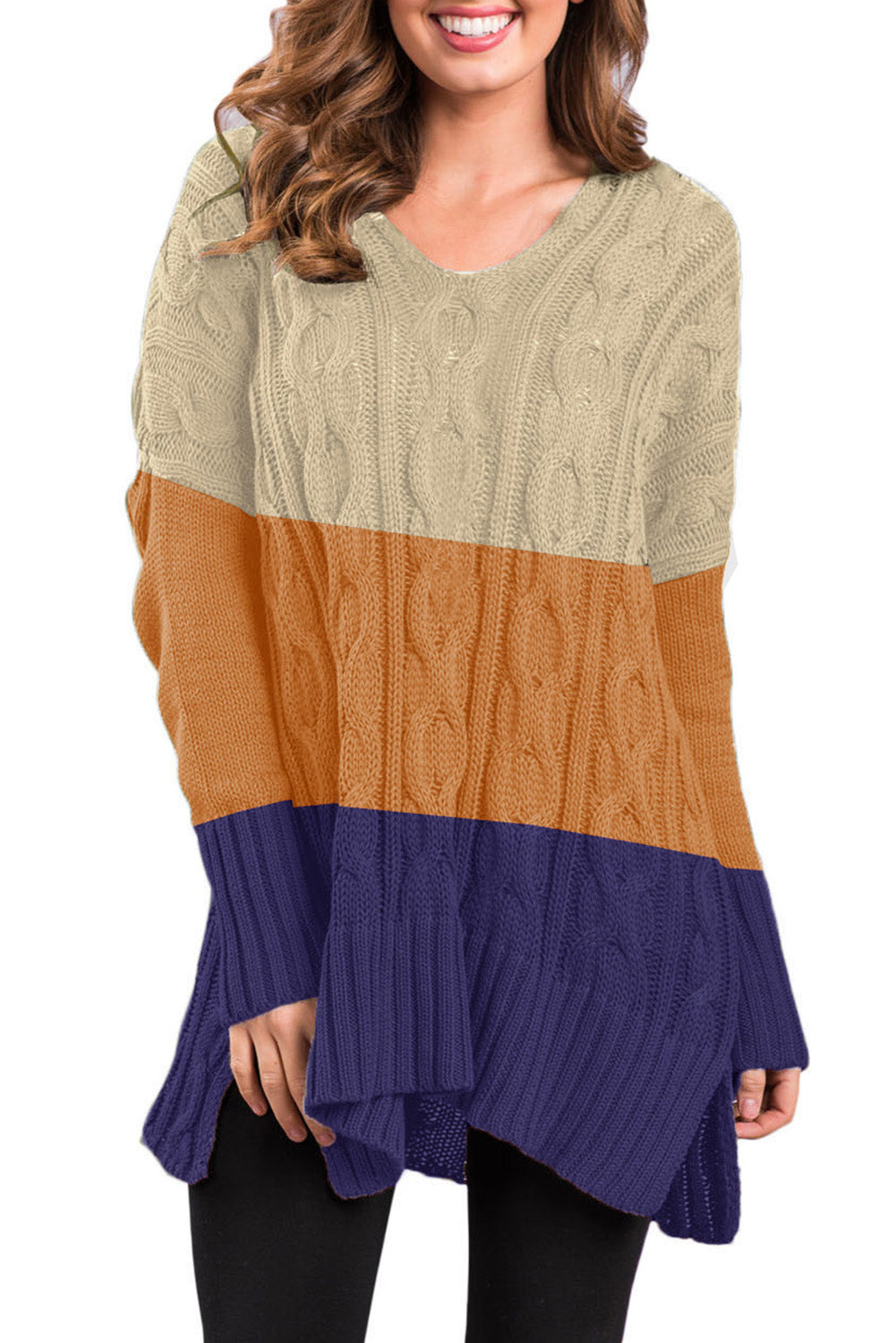 Colorblock Cable Knit Sweater with Slits