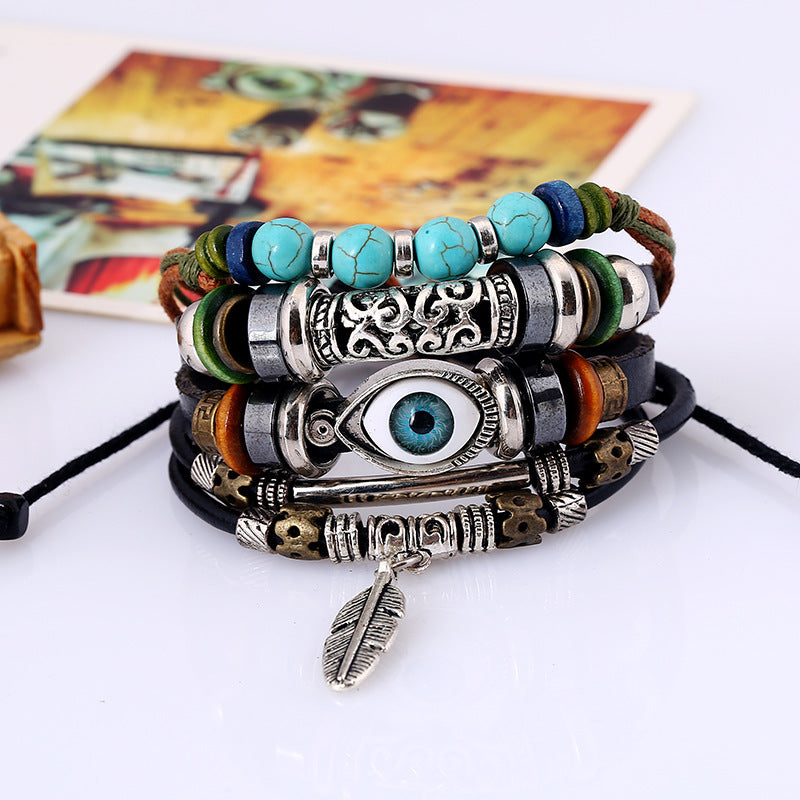 Ethnic style alloy feather leather bracelet