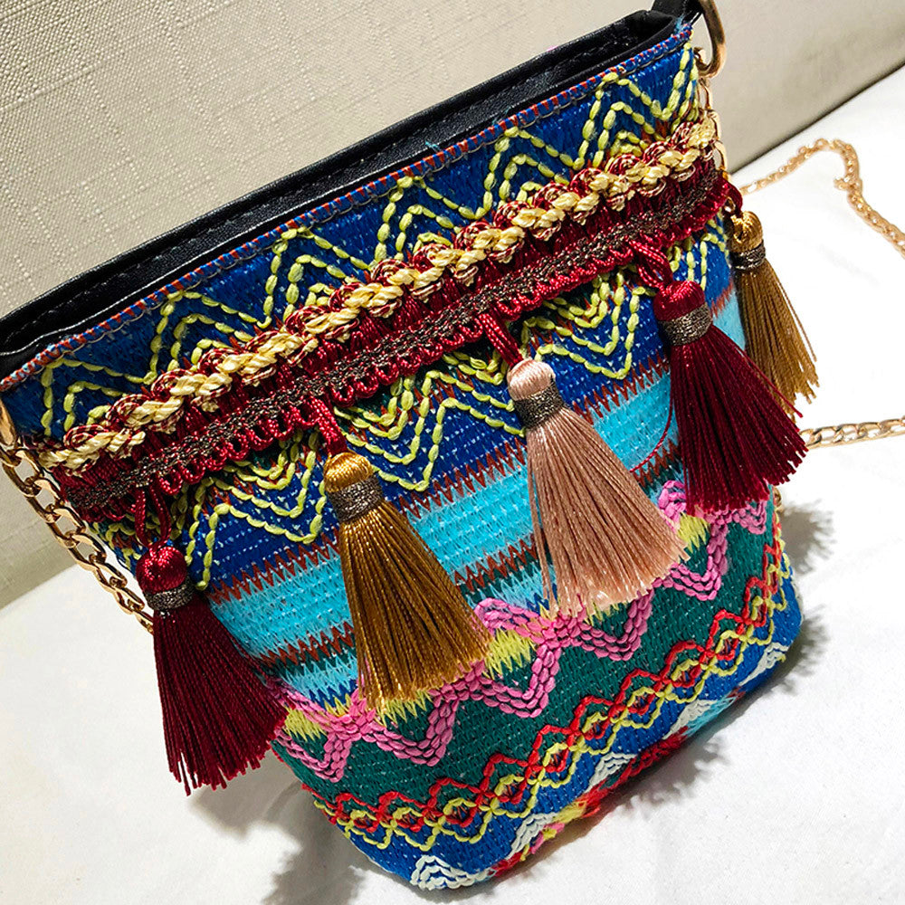 Tassel ethnic style linen bag