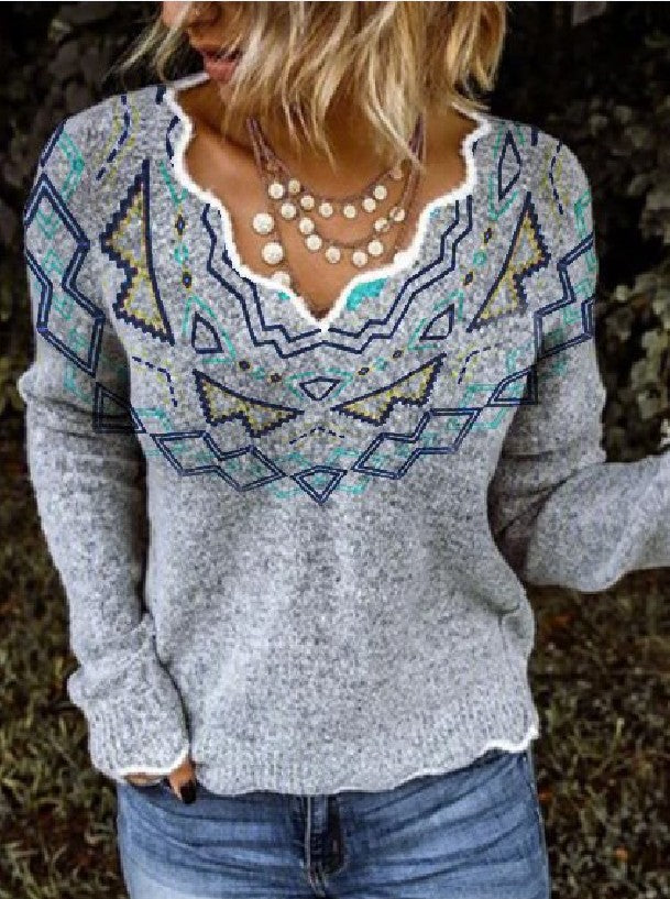 Ladies Geometric Print Long Sleeve Sweater Top