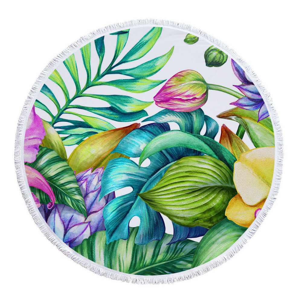 Patterned microfiber printed round beach towel with tassel