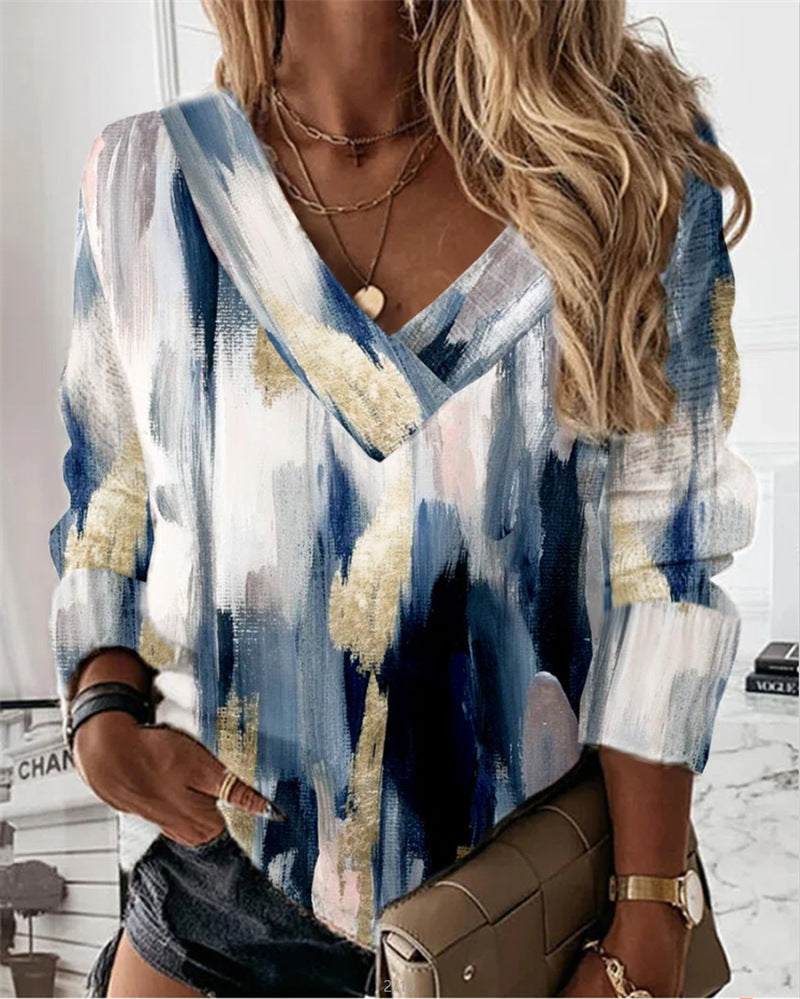 Women's Geometric Floral V-neck Long Sleeve Loose Sweater