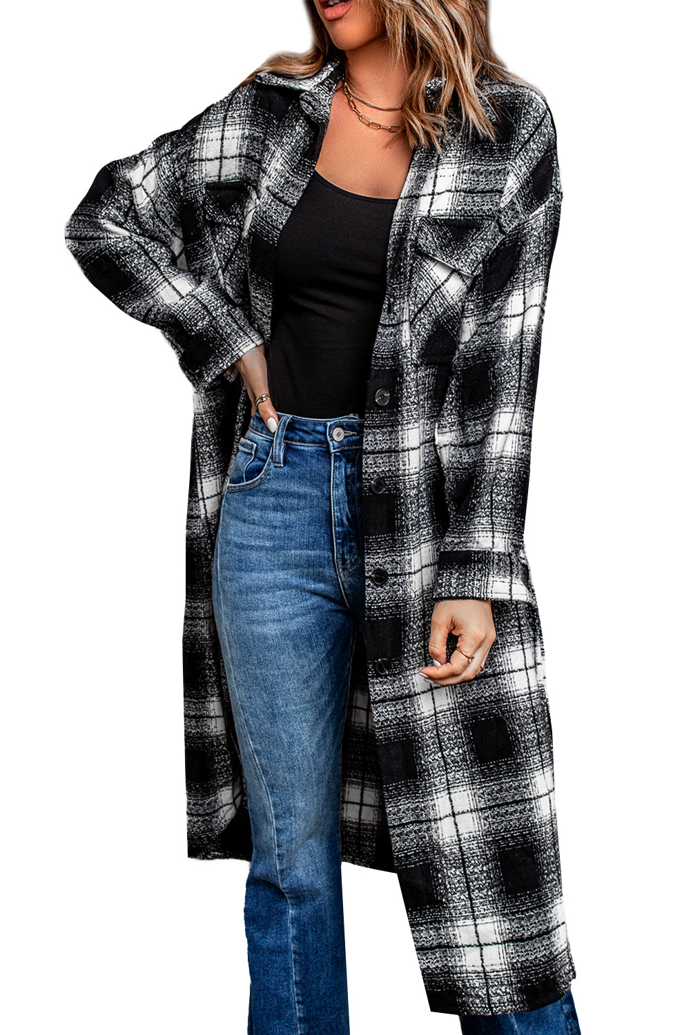 Plaid Print Buttoned Pocketed Long Sleeve Long Coat