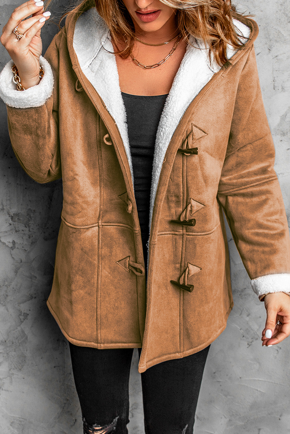 Fleece Suede Mid-length Hooded Coat