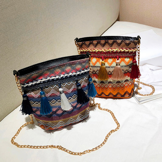 Tassel ethnic style linen bag