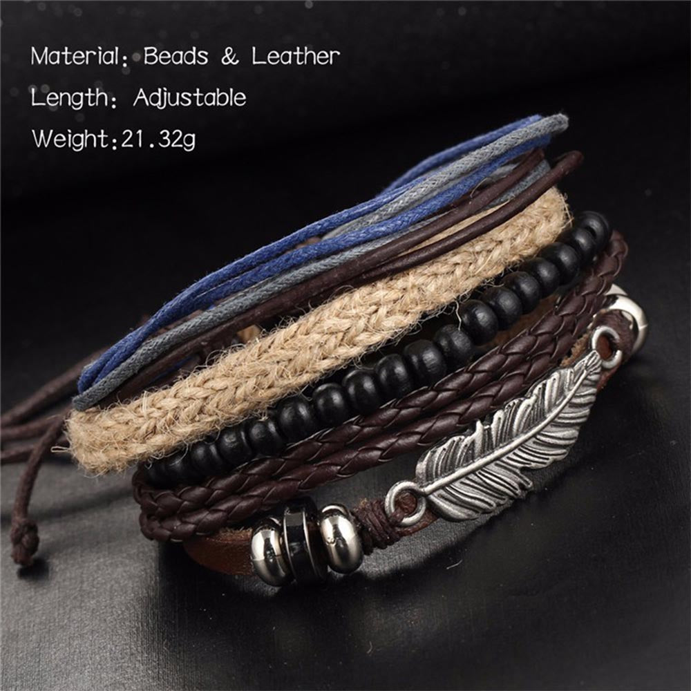 New Angel Wing Feather Alloy Multilayer Wood Bead Weaving Beaded Wax Rope Bracelet Star with Bracelet Jewelry