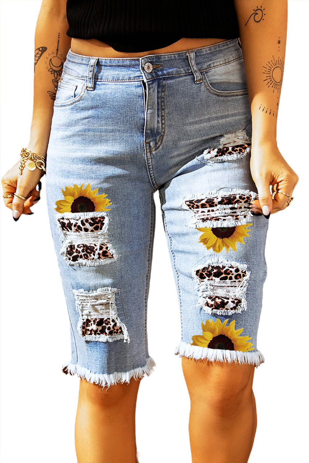 Mid-rise Ripped Camo Patches Denim Bermuda Shorts