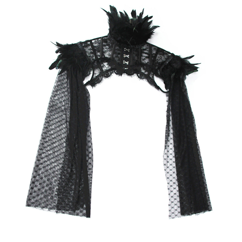 Long Sleeve Feather Decoration Lace Cappa Cloak