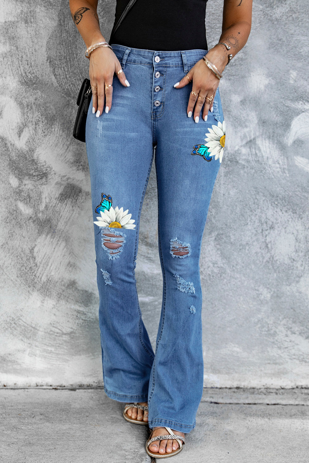 Dark Blue Mid Rise Button Front Flare Denim