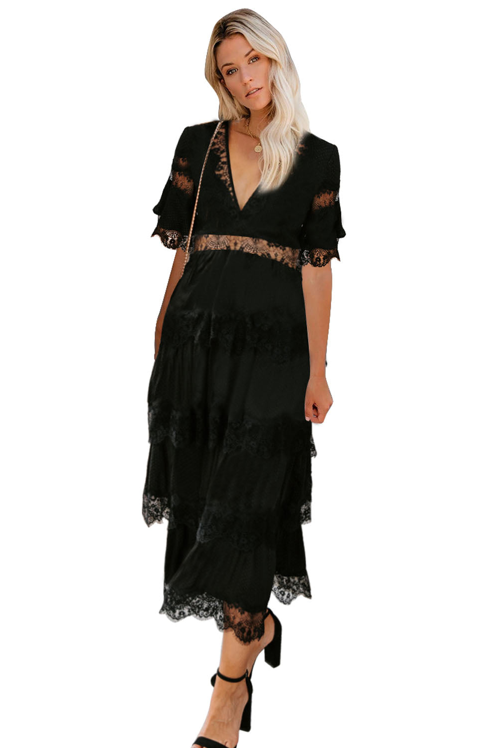 Swiss Dot Print See-through Lace Patch Layered Long Dress