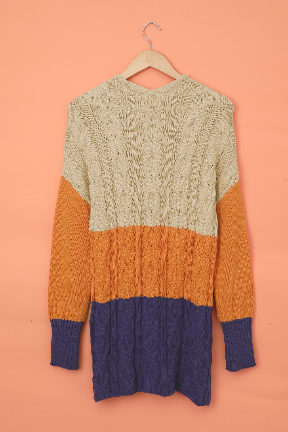 Colorblock Cable Knit Sweater with Slits