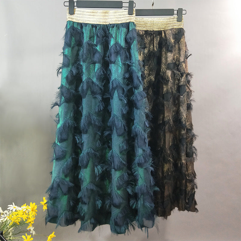 Gold Thread Elastic Waist Long Feather Skirt Skirt