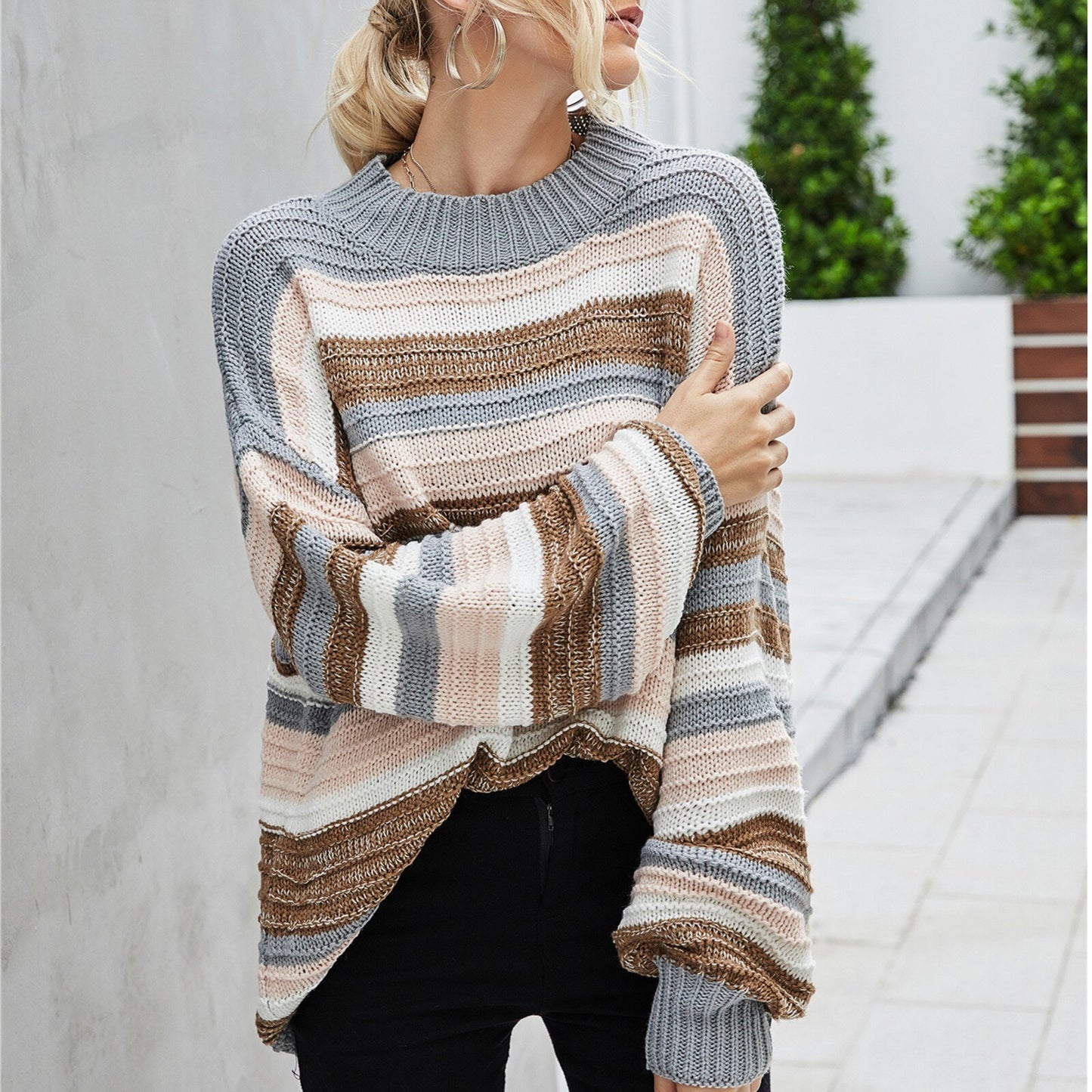 Women's knitted stitching sweater