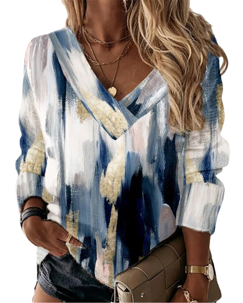 Women's Geometric Floral V-neck Long Sleeve Loose Sweater