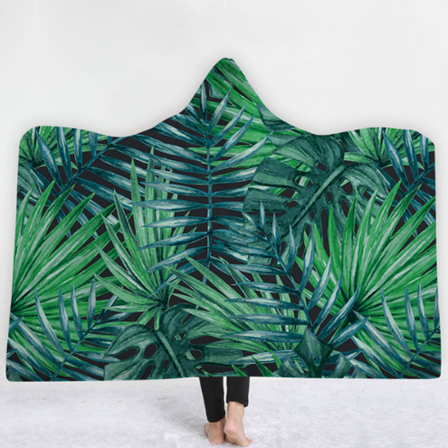 Hooded Thermal Fleece Blanket Coral Fleece Print Winter Warm Home Travel Portable Wearable Thick Hoodie Blanket For Adults Kids