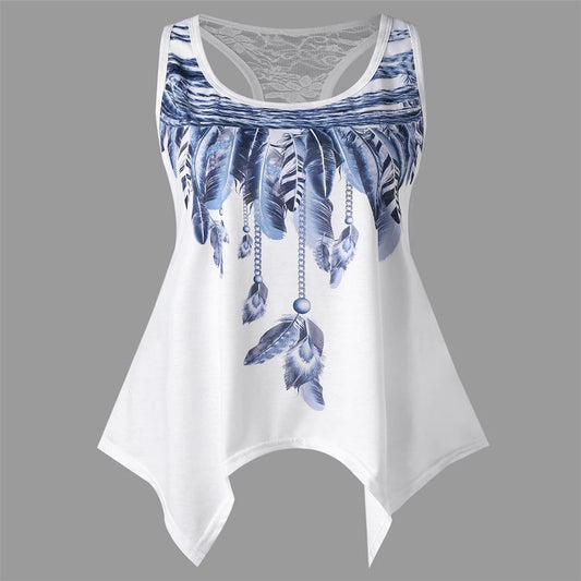Feather Print Lace T-Shirt Summer Crew Neck Sleeveless Top