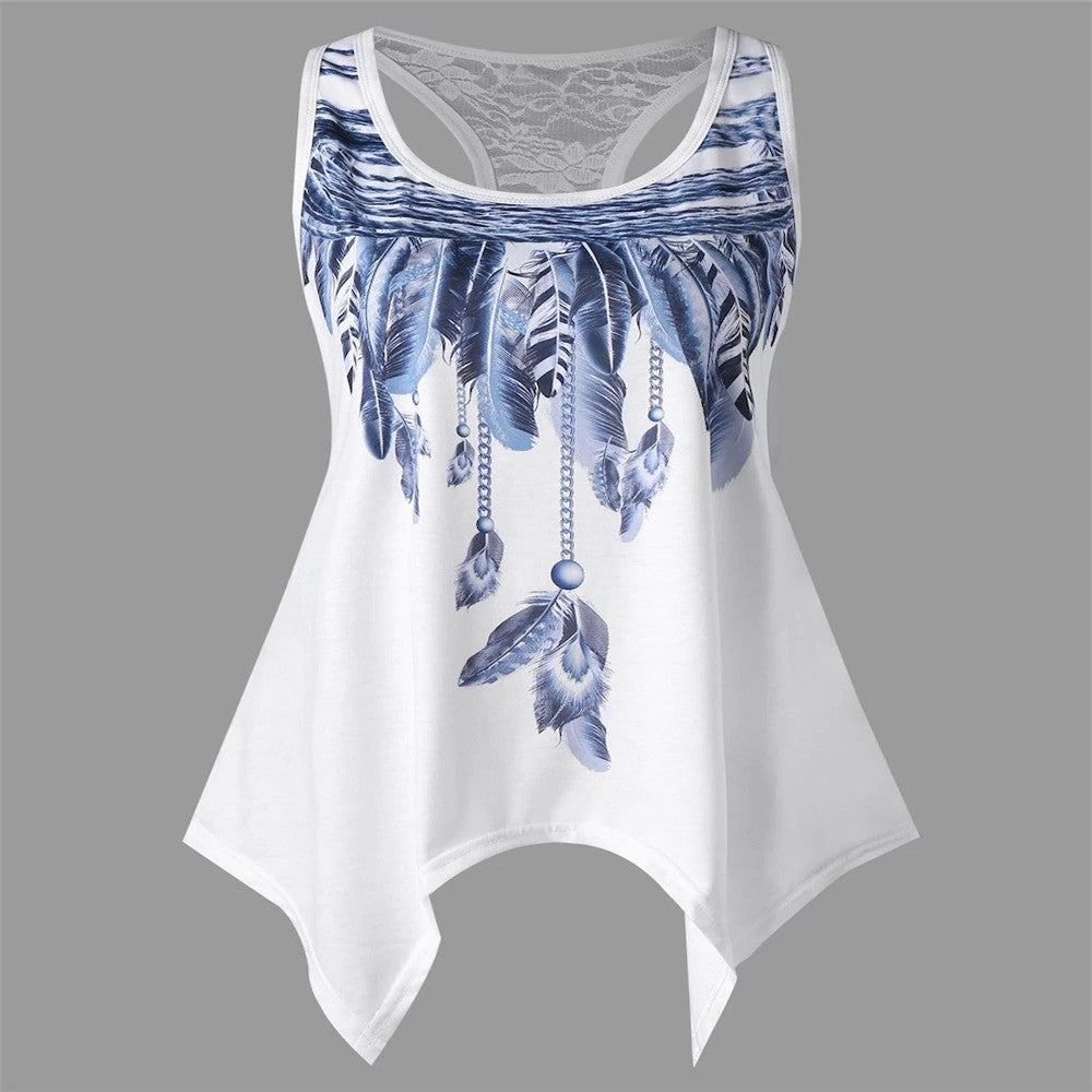 Feather Print Lace T-Shirt Summer Crew Neck Sleeveless Top