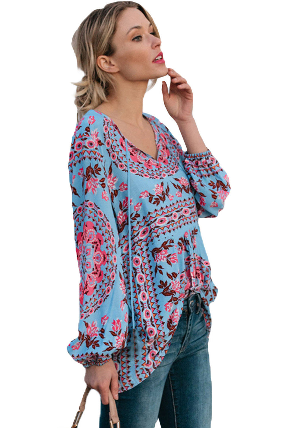 Multicolor Floral Print Peasant Blouse