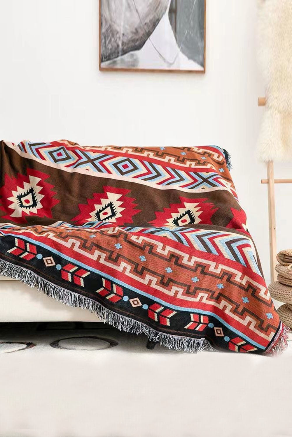 Multicolor Western Aztec Geometric Tasseled Large Blanket 90*210cm