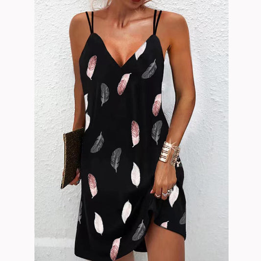 Seamless V-neck Printed Two-shoulder Suspender Dress For Women