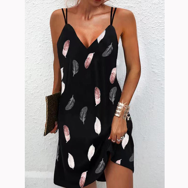 Seamless V-neck Printed Two-shoulder Suspender Dress For Women
