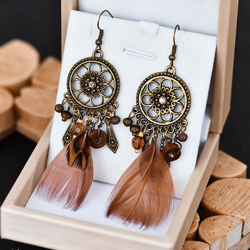 Round Small Flower Diamond Long Feather Wood Bead Stud Earrings