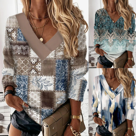 Women's Geometric Floral V-neck Long Sleeve Loose Sweater
