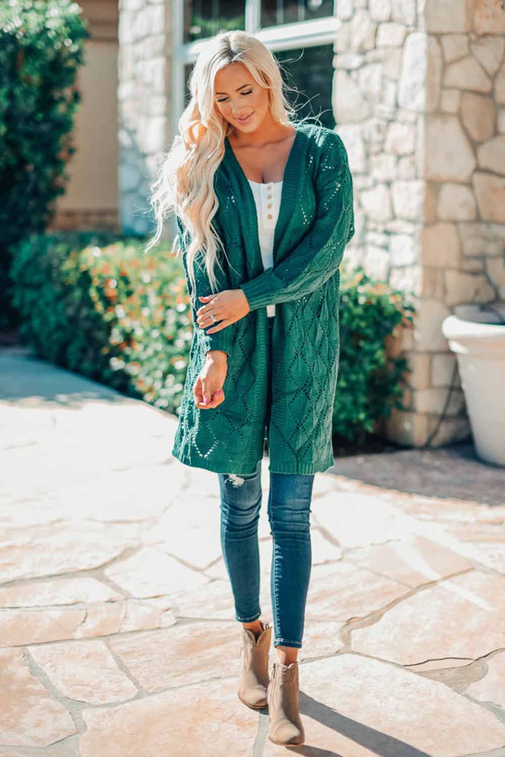Bubble Sleeve Side Slit Knit Cardigan