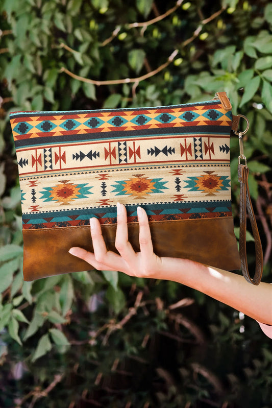 Multicolor Western Aztec Print Zipper PU Leather Clutch