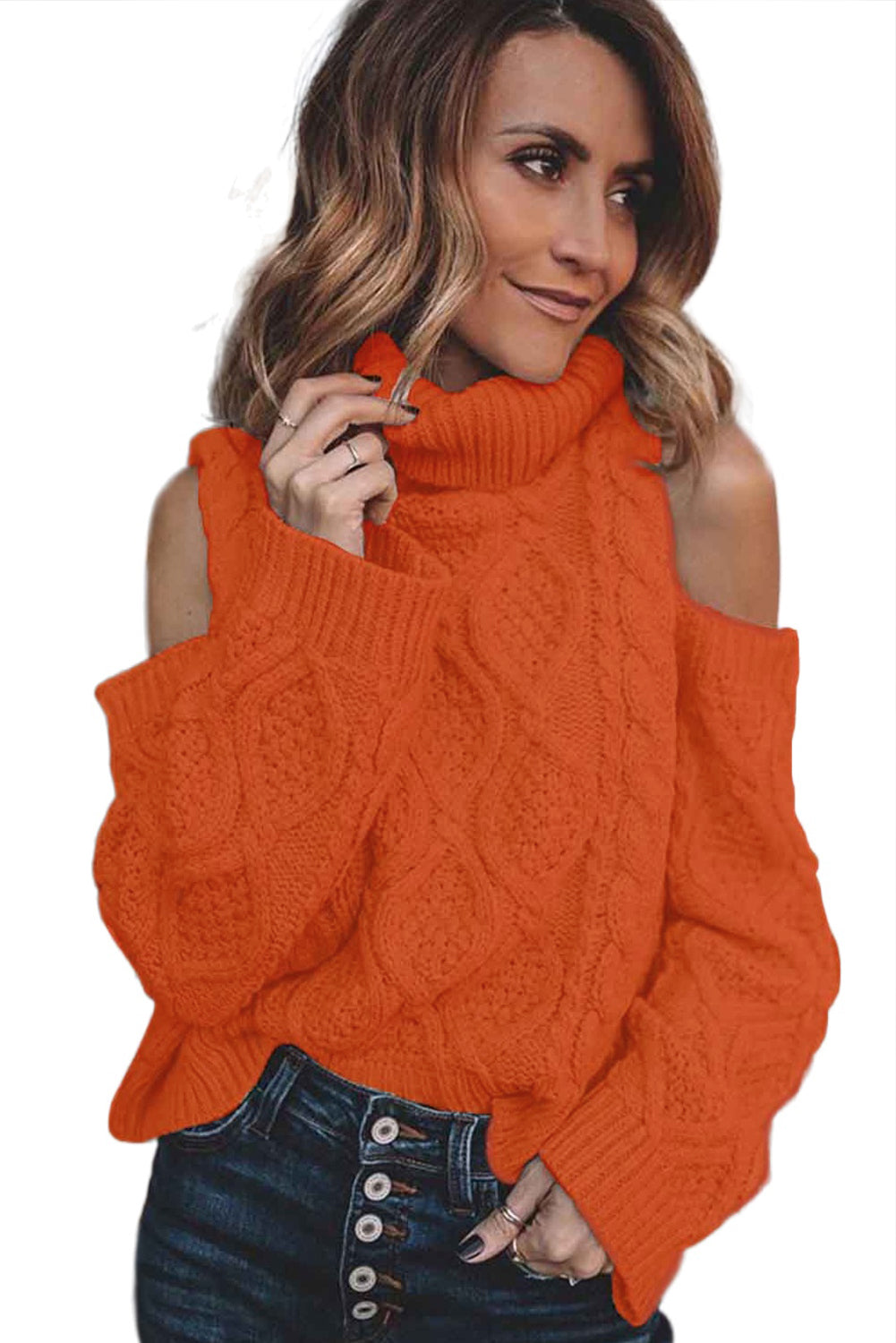 Turtleneck Cold Shoulder Textured Sweater