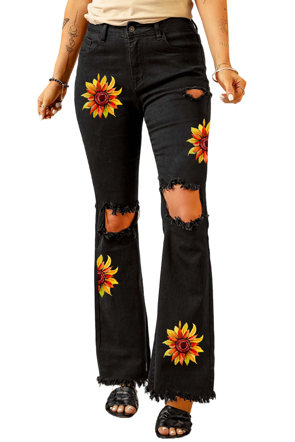 High Waist Ripped Bell Bottom Jeans