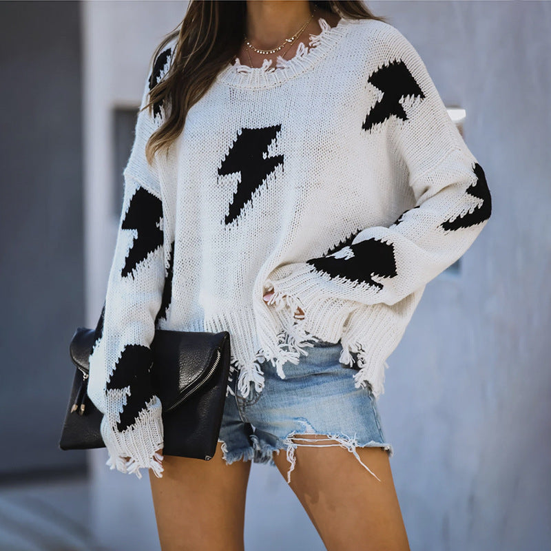 Lightning hole tassel pullover women's sweater
