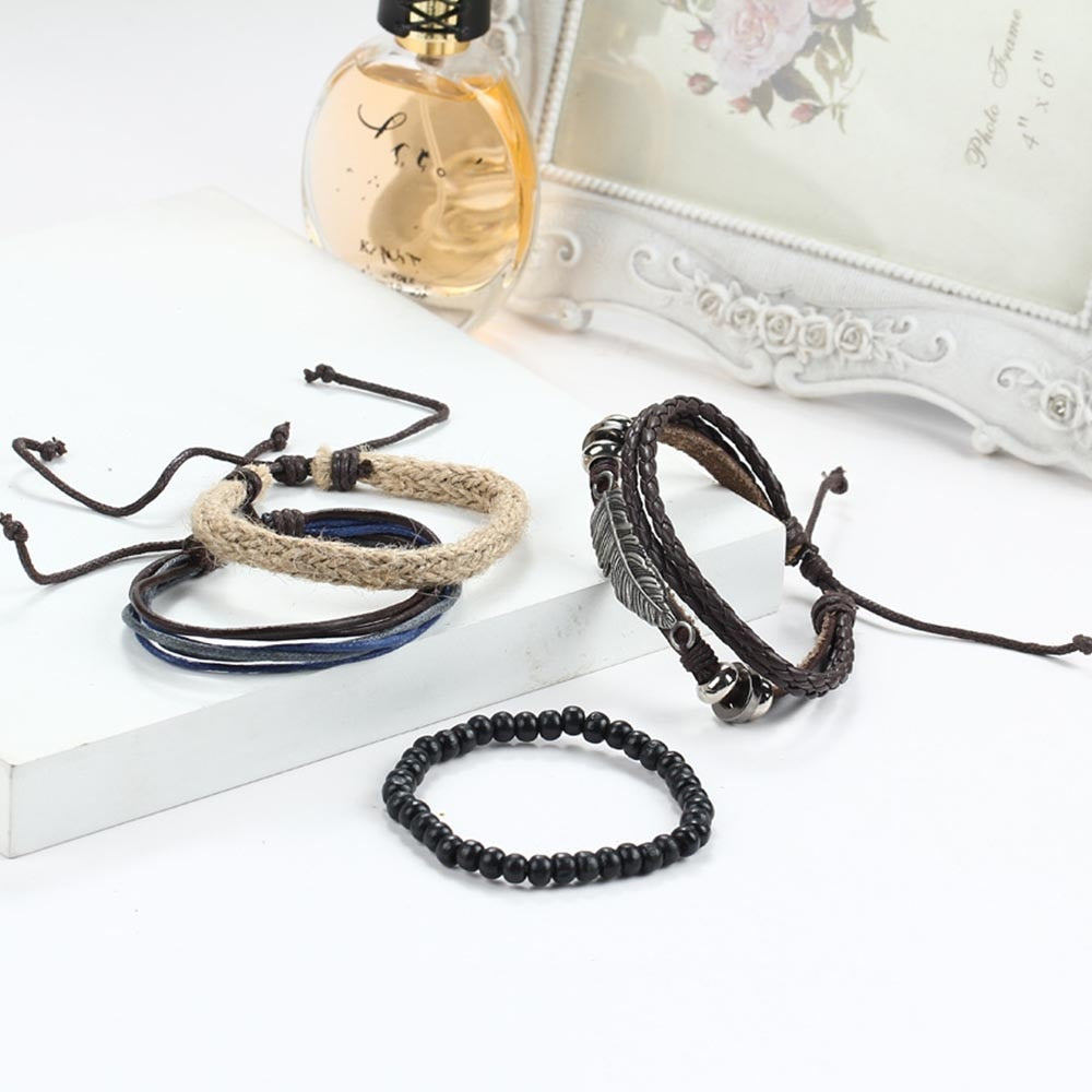 New Angel Wing Feather Alloy Multilayer Wood Bead Weaving Beaded Wax Rope Bracelet Star with Bracelet Jewelry