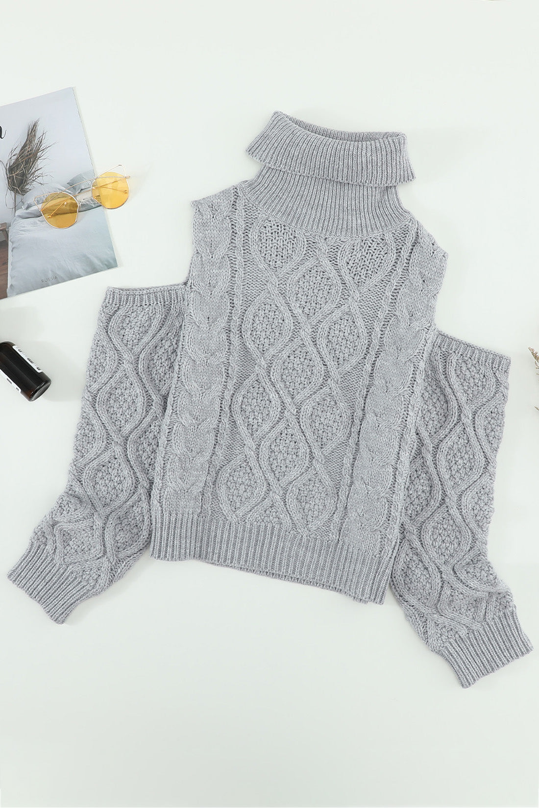 Turtleneck Cold Shoulder Textured Sweater