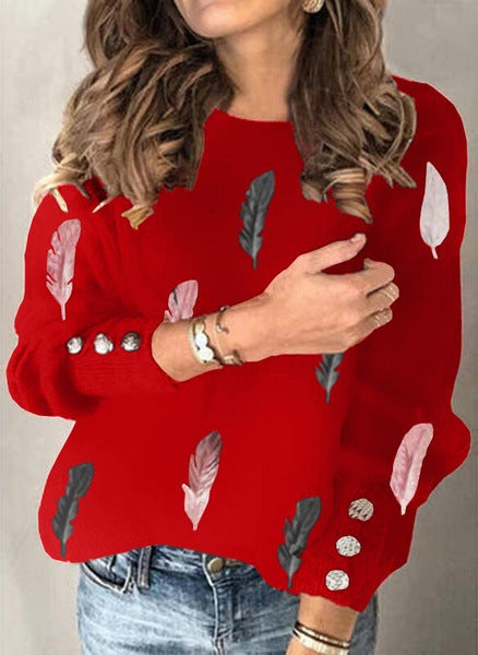 Feather Print Round Neck Long-sleeved Knit Sweater  Top Women's Clothing