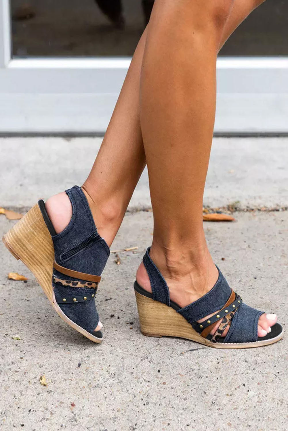 Wedged Rivet Patchwork Peep Toe Denim Sandals