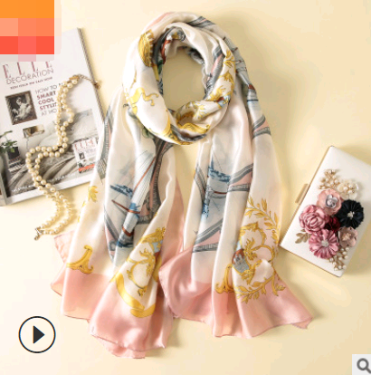 Spring, summer and autumn, new flowers, elegant and high-end artificial silk scarf, female decorative shawl, sunscreen beach towel