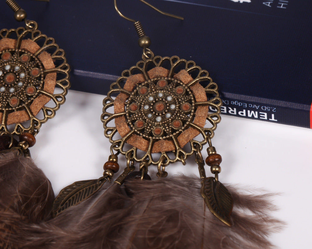 Feather Earrings Round Cutout Rope Blade Pendant Brown Feather Earrings