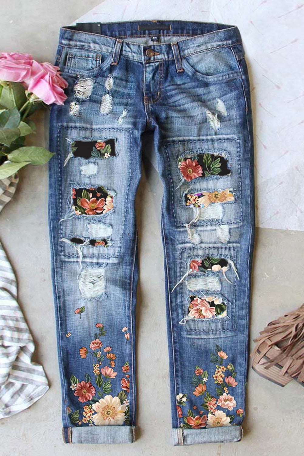 Flowers Printed Patch Ripped Boyfriend Denim Jeans