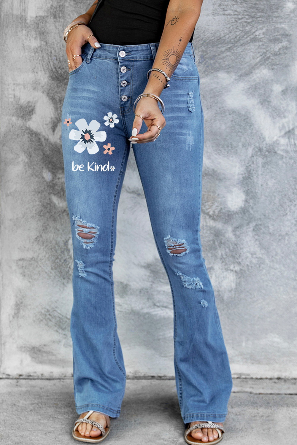 Dark Blue Mid Rise Button Front Flare Denim