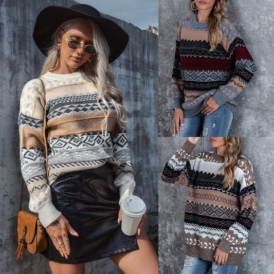Rhombus pullover lazy style loose sweater