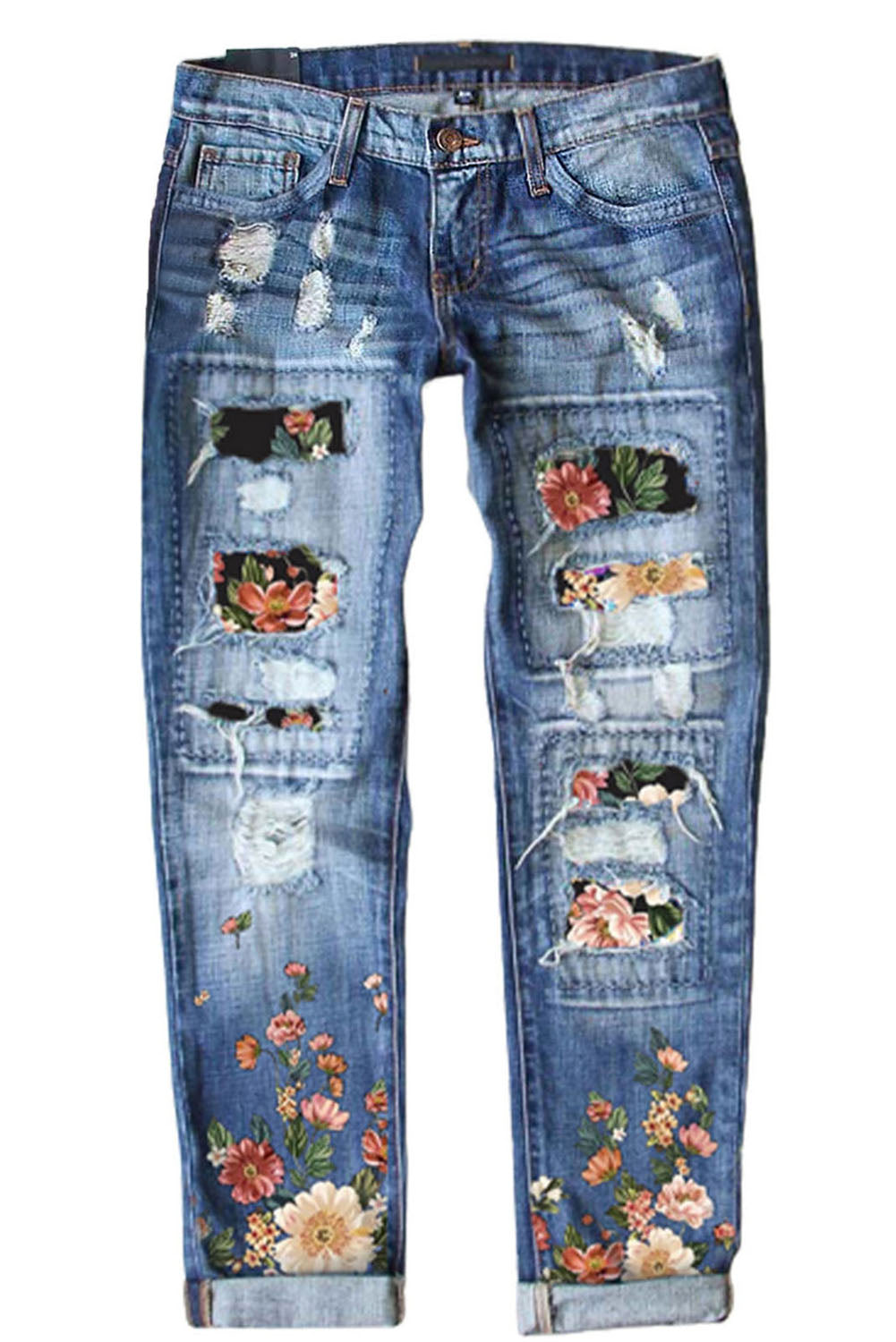 Flowers Printed Patch Ripped Boyfriend Denim Jeans