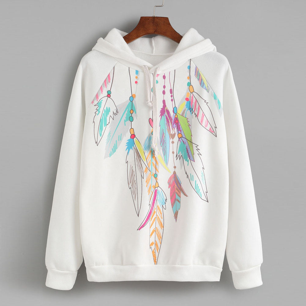 New Autumn Womens Pattern Hoody Dreamcatcher Feather Print Long Sleeve Hoodie Pullover Thin Sweatshirt Hooded Tops Blouse