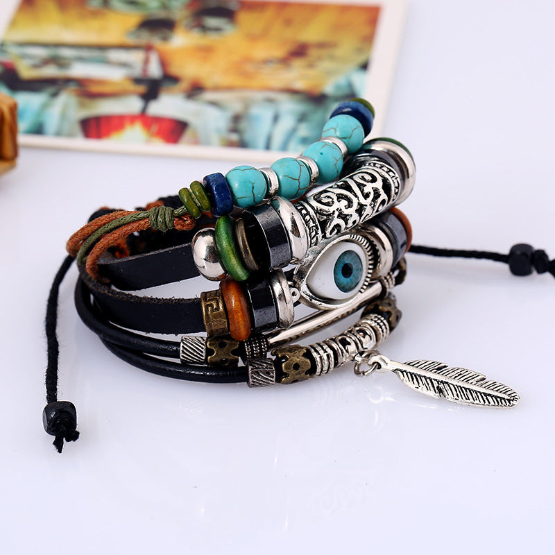 Ethnic style alloy feather leather bracelet