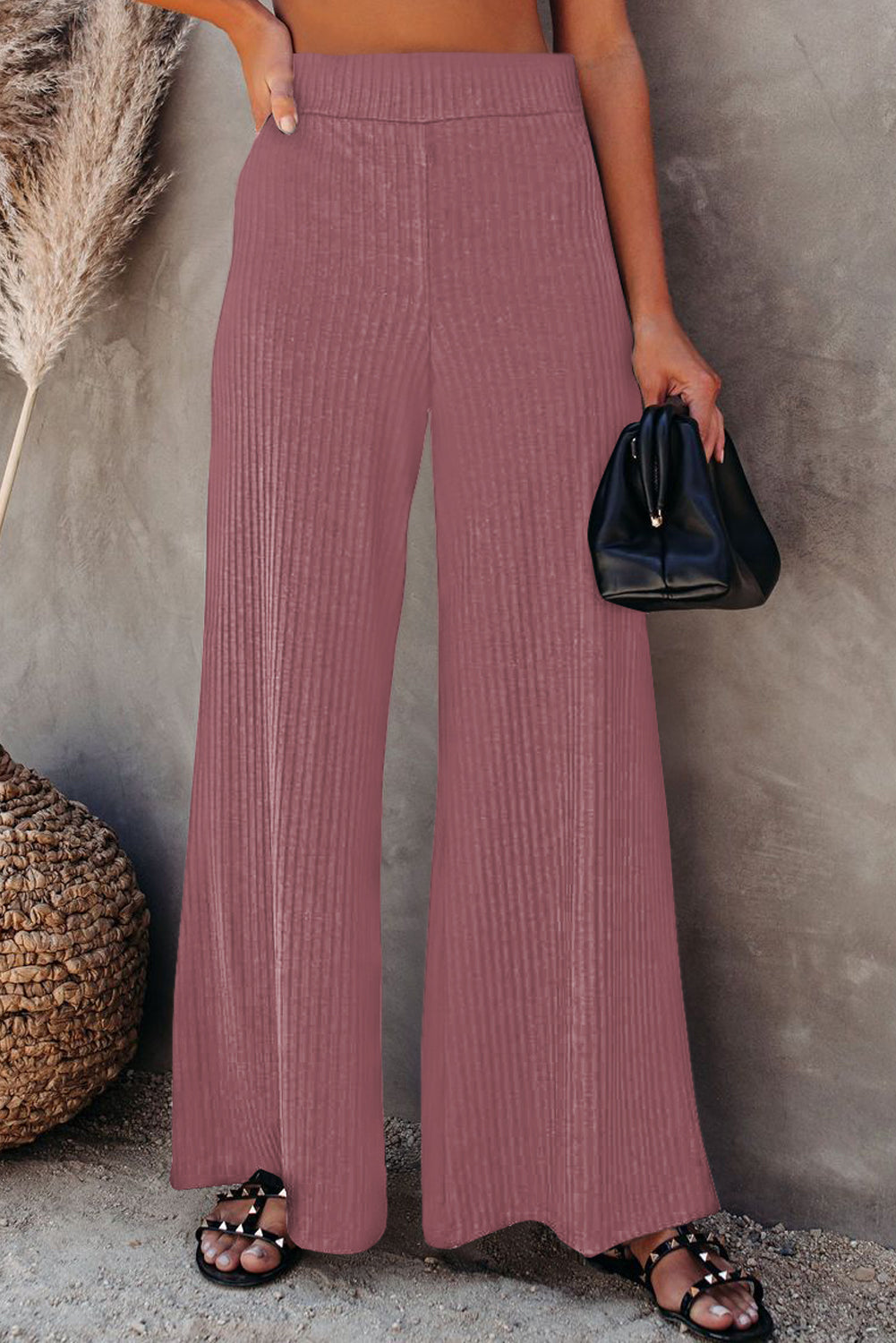 Ribbed Knit High Rise Wide Leg Pants