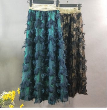 Gold Thread Elastic Waist Long Feather Skirt Skirt