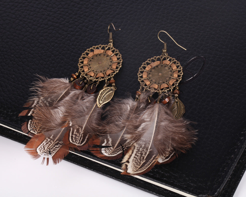 Feather Earrings Round Cutout Rope Blade Pendant Brown Feather Earrings