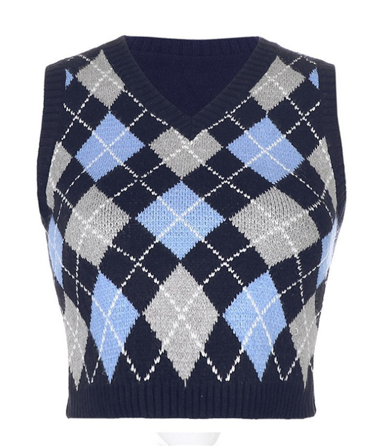 Rhombus Check Outer Sleeveless V-neck Sweater